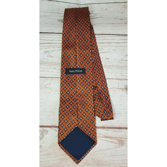 Nautica Brown Blue Geometric Diamonds Pattern 100% Silk Tie M7922 - Picture 10 of 12